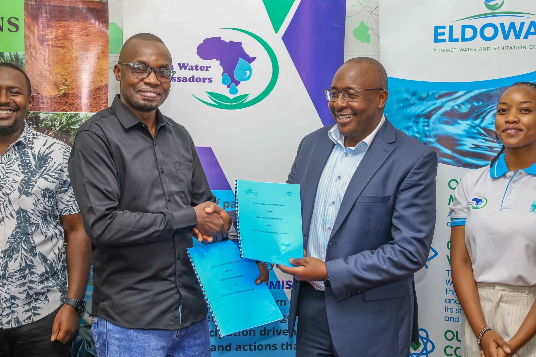 ELDOWAS Managing Director CPA Dr. Lawrence Tanui and Africa Water Ambassadors Chairman Brian Misiati (left)