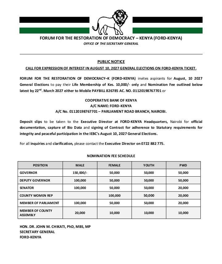 Ford-Kenya Invites Aspirants For 2027 Elections, Releases Nomination Fees