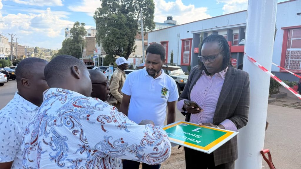 Eldoret City Manager Elzeba Busienei supervising the ongoing digital street addressing exercise.