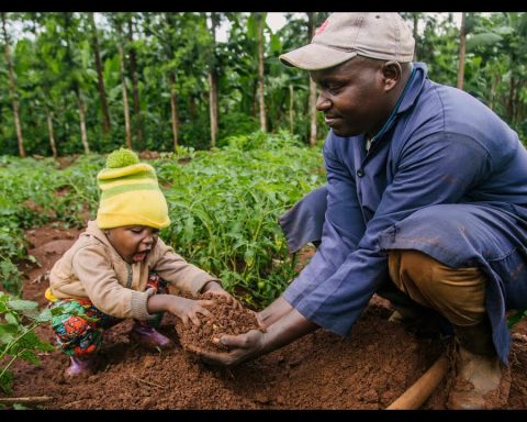 An African farmer with his kid in a farm