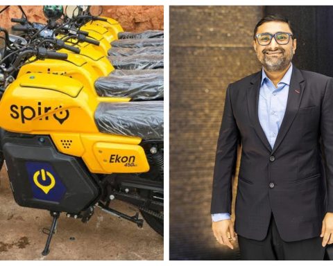 Collage of Spiro electric motorbikes (left) and company's new West and Central Africa MD Auroasish Choudhuri (right).
