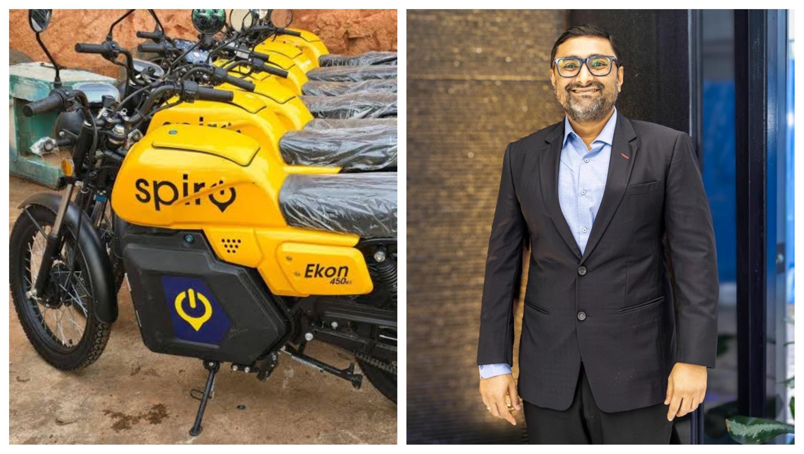 Collage of Spiro electric motorbikes (left) and company's new West and Central Africa MD Auroasish Choudhuri (right).