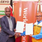 Elgeyo Marakwet Governor Wisley Rotich﻿ (left) with World Vision Interim National Director Dr Gershon Mwakazi.