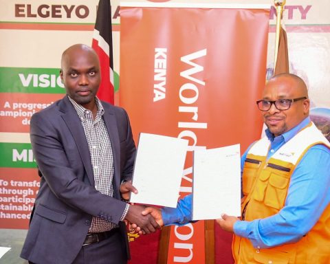 Elgeyo Marakwet Governor Wisley Rotich﻿ (left) with World Vision Interim National Director Dr Gershon Mwakazi.