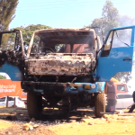 Boda boda riders set on fire the exhauster invovlved in the fatal accident.