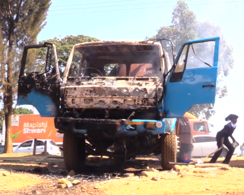 Boda boda riders set on fire the exhauster invovlved in the fatal accident.