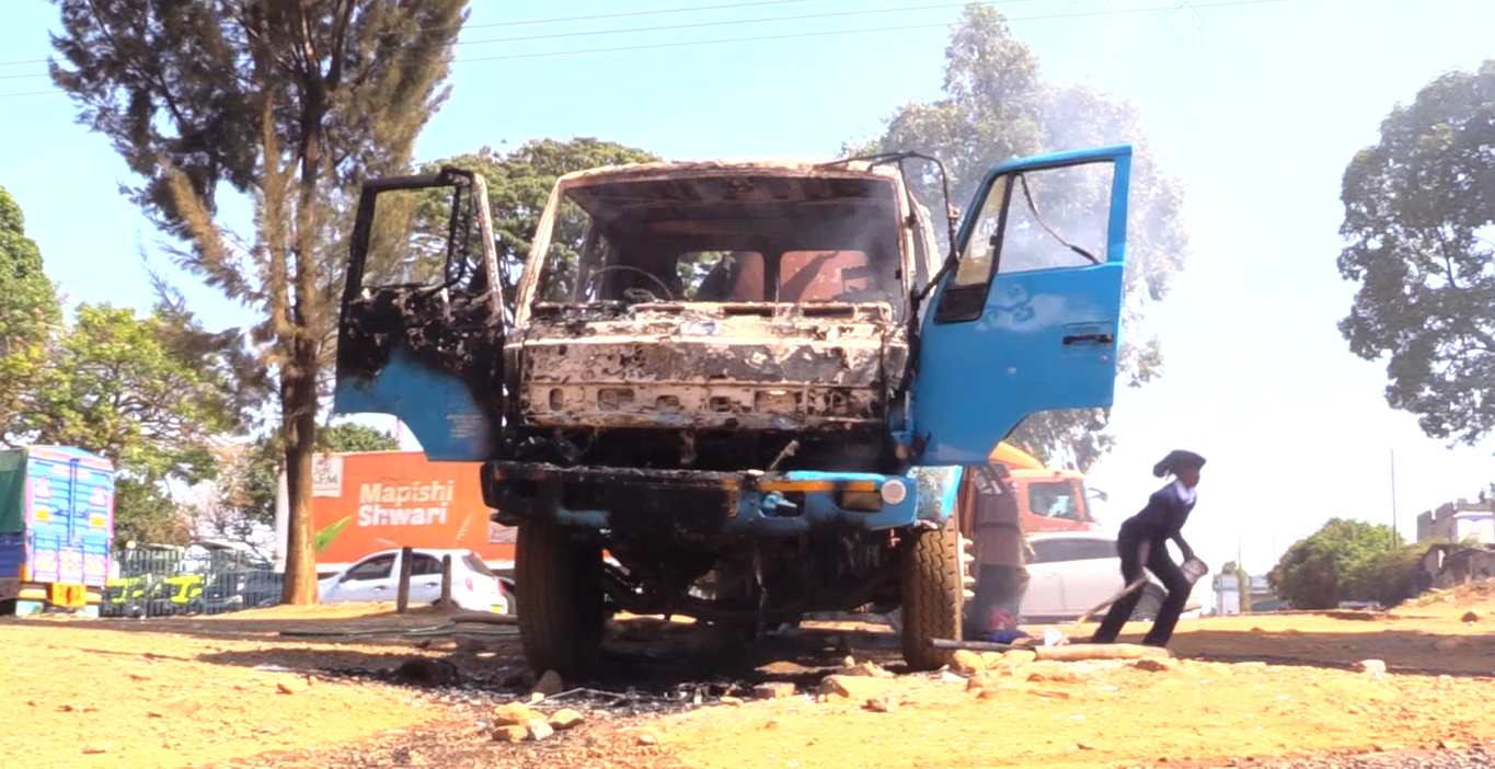 Boda boda riders set on fire the exhauster invovlved in the fatal accident.