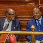 CS Kagwe (right) with Kenya Dairy Board (KDB) Managing Director Dr Kimutai Maritim in National Parliament.