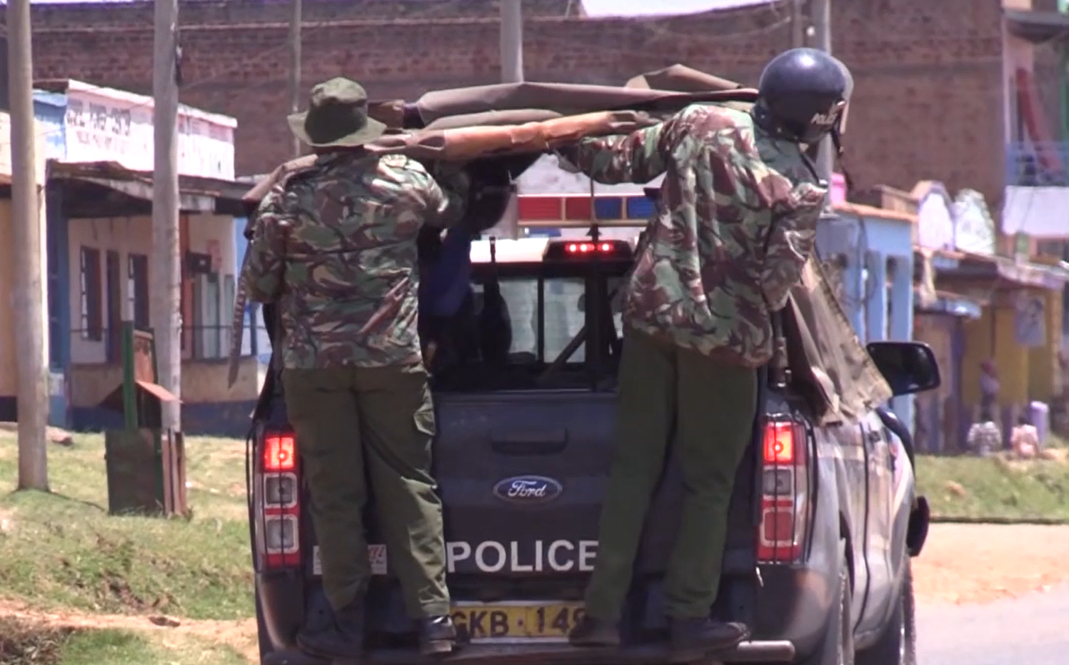 Police patrol Matunda area after locals' protest. 