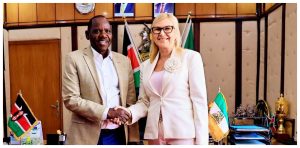 Uasin Gishu Govenror Jonathan Bii (left) with Anna Bańkowska, Deputy Marshal of the Westpomeranian Region of Poland.