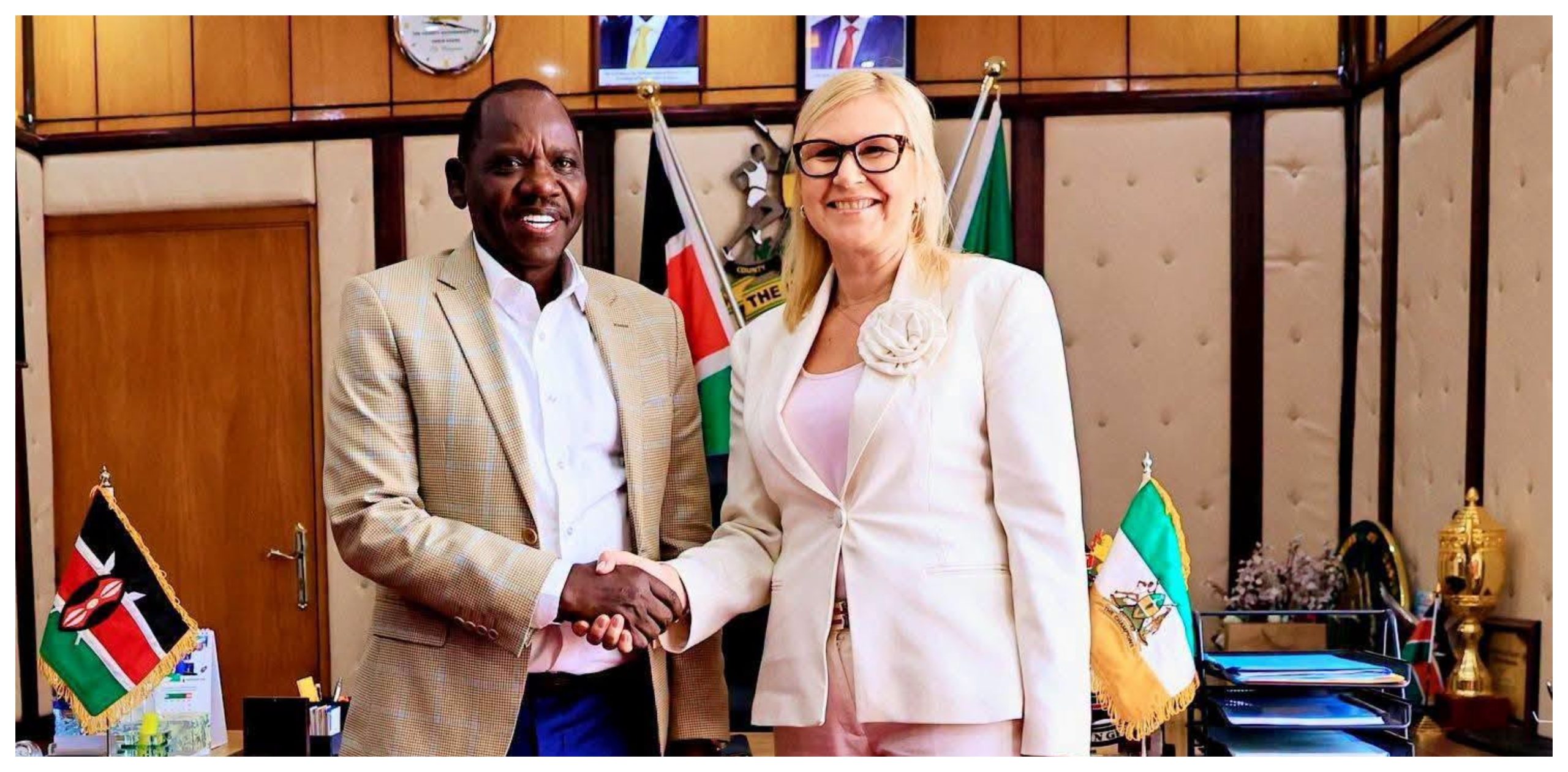 Uasin Gishu Govenror Jonathan Bii (left) with Anna Bańkowska, Deputy Marshal of the Westpomeranian Region of Poland.