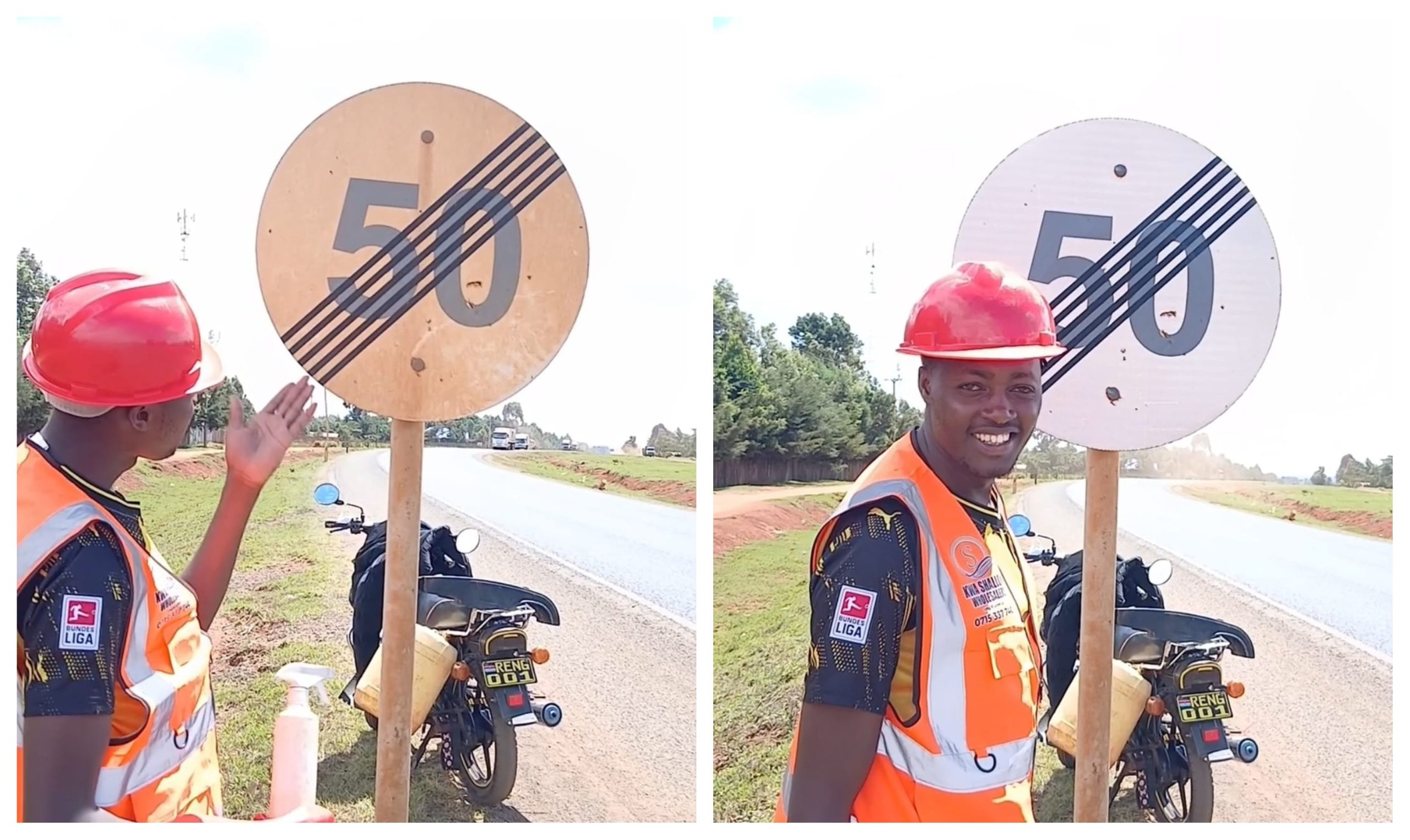 Before and after photo of a road sign worked on by Collins Kipleting, alias Rengstar.