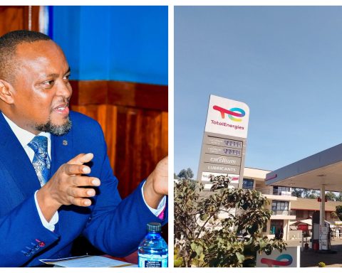 Collage of EPRA Director-General Eng. Edward Mwirigi (left) and a petrol station in Eldoret displaying new fuel prices.