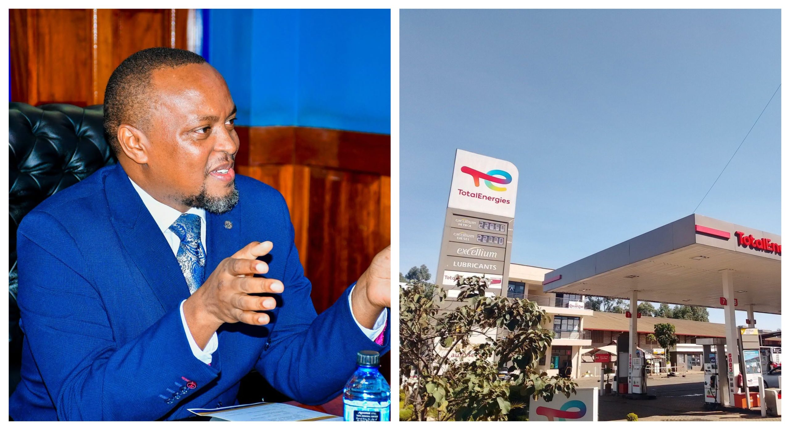 Collage of EPRA Director-General Eng. Edward Mwirigi (left) and a petrol station in Eldoret displaying new fuel prices.