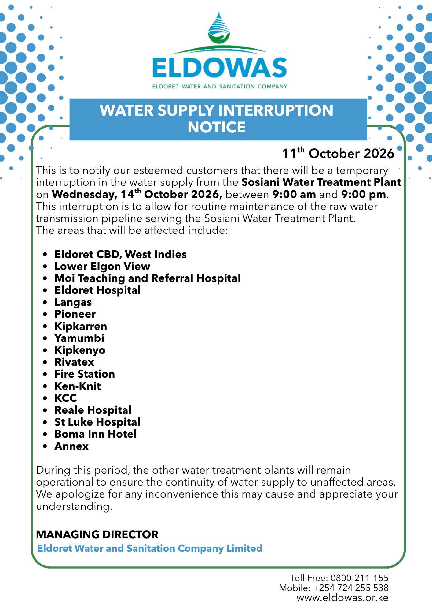 ELDOWAS Announces 12-Hour Water Supply Interruption in Eldoret