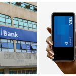 Collage of an I&M Bank branch (left) and a Visa logo (right).