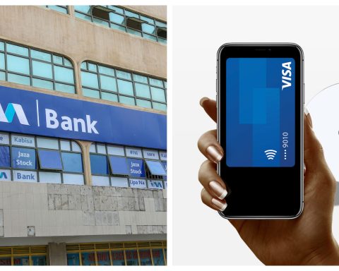 Collage of an I&M Bank branch (left) and a Visa logo (right).