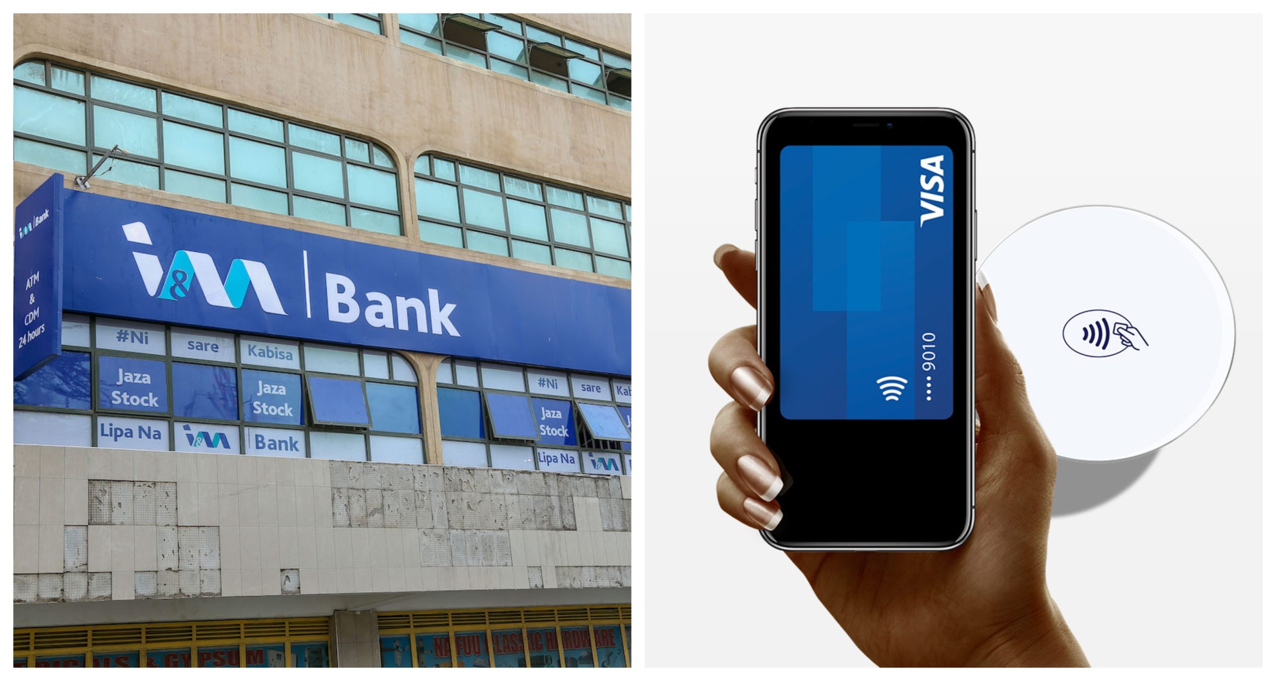 Collage of an I&M Bank branch (left) and a Visa logo (right).