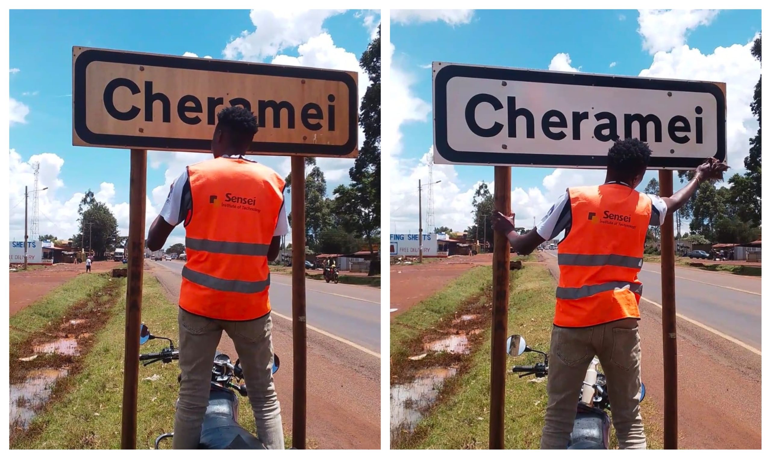 Sugoi boda boda rider Collins Kipleting, alias Rengstar cleaning a riad sign along the Eldoret-Webuye Highway.