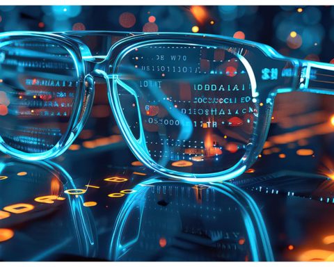 A pair of AI-powered smart glasses displayed on a table.