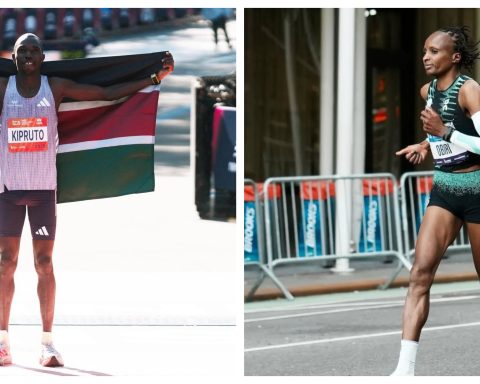 New York City Marathon defending champions Hellen Obiri and Benson Kipruto.