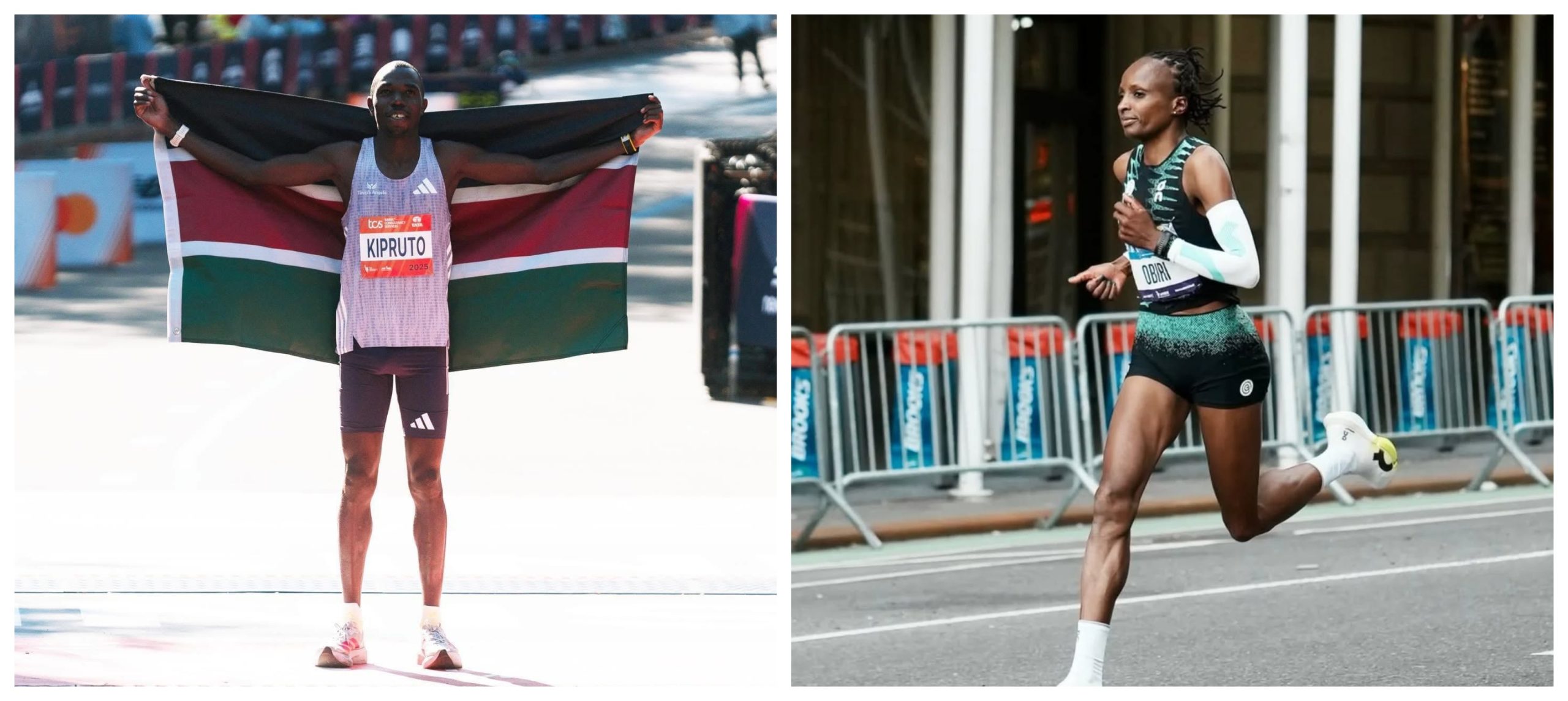 New York City Marathon defending champions Hellen Obiri and Benson Kipruto.