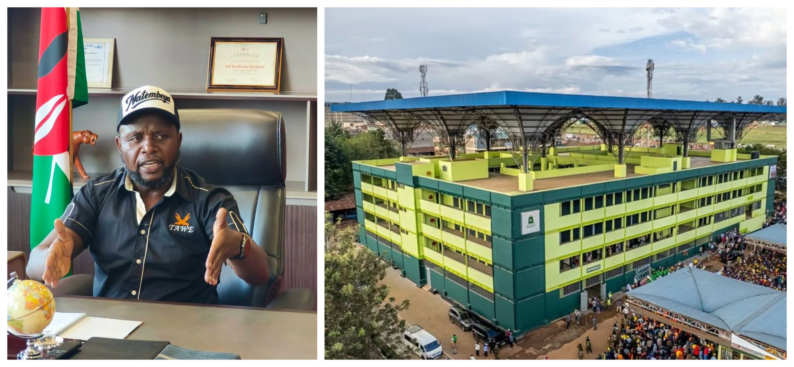 Collage of Trans Nzoia governor George Natembeya (left) and the Masinde Muliro Market in Kitale (left). Fresh controversy as county orders traders out of Masinde Muliro Market